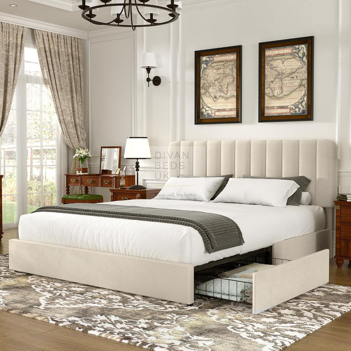 Serava 4ft6 Double Beige Plush Velvet 4 Drawer Bed with Adjustable Headboard