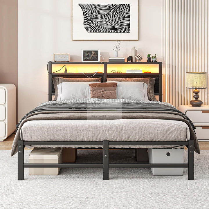 Arezzo Metal Smart Bed with Charging Station Headboard, Storage Shelves, LED, USB and Power Outlets with 4 Optional Drawers