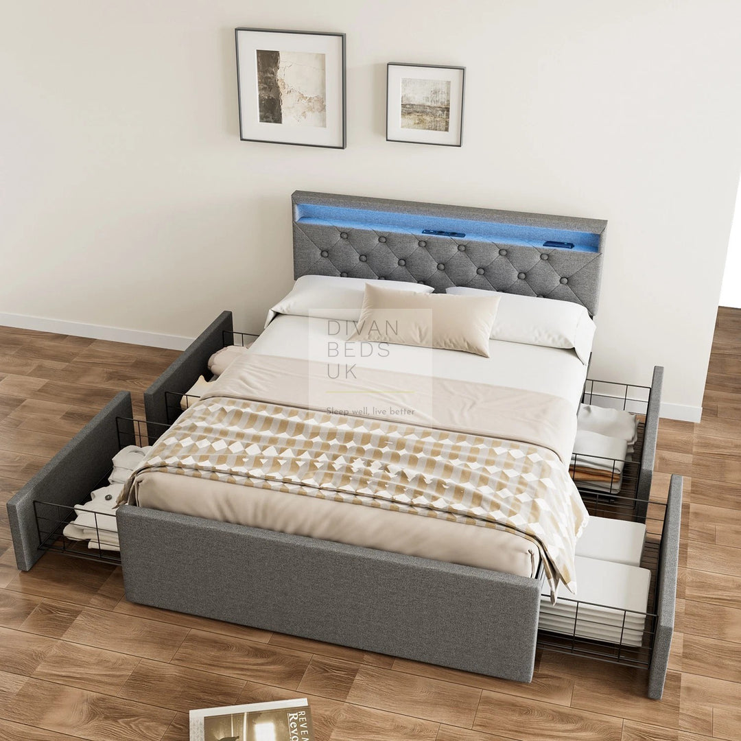 Livorno Grey Linen 4 Drawer Storage Smart Bed with LED Lighting, Power Outlets, USB, Bluetooth Speakers and Headboard Shelf