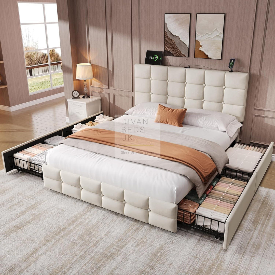 Vicente 4 Drawer Soft Beige Velvet Smart Bed with Type C and USB Charging Adjustable Headboard Shelf
