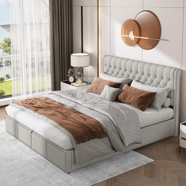 Dangelo Grey Linen Ottoman Storage Sleigh Bed Frame with Optional Storage Box