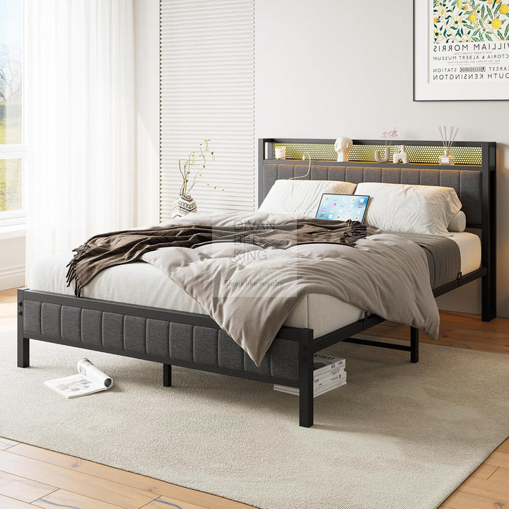 Vicenza Metal Bed Frame with LED Grey Linen Headboard, Shelves, Power Outlet, USB Charging & Optional Drawers