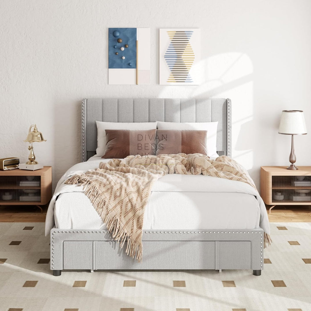 Catania Wingback Panel Headboard Grey Linen Bed with & 1 Large End Drawer Storage