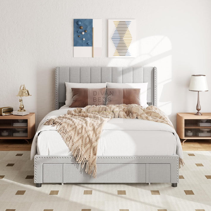 Catania Wingback Panel Headboard Grey Linen Bed with & 1 Large End Drawer Storage