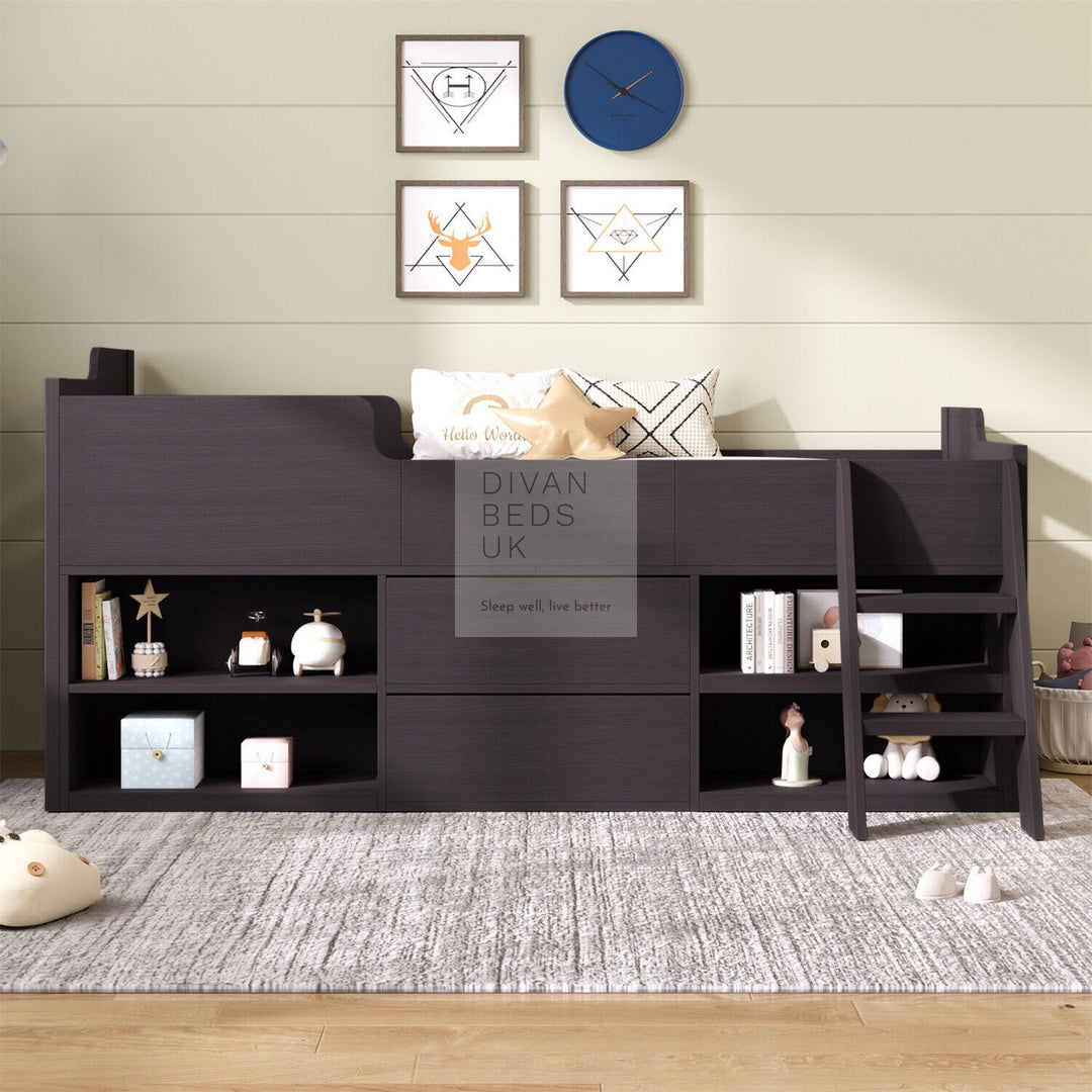 Zenda Black Wooden Cabin Mid Sleeper Bed Storage with Drawers and Shelves