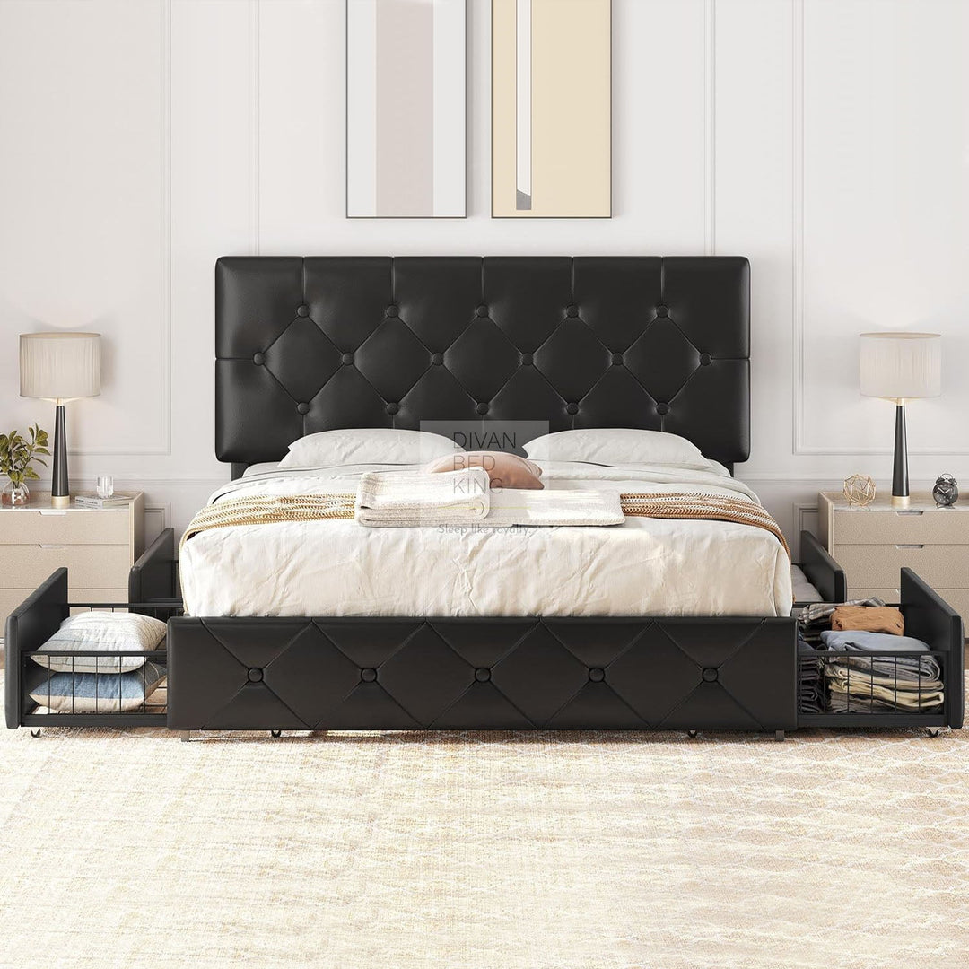 Emma Black Leather 2 Drawer Buttoned Bed Frame