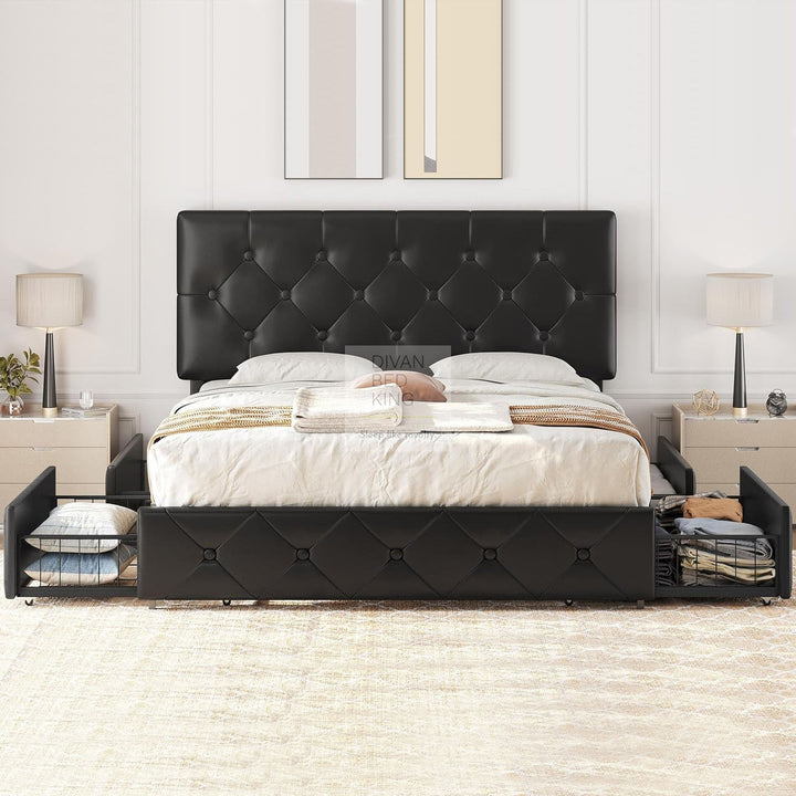 Emma Black Leather 2 Drawer Buttoned Bed Frame