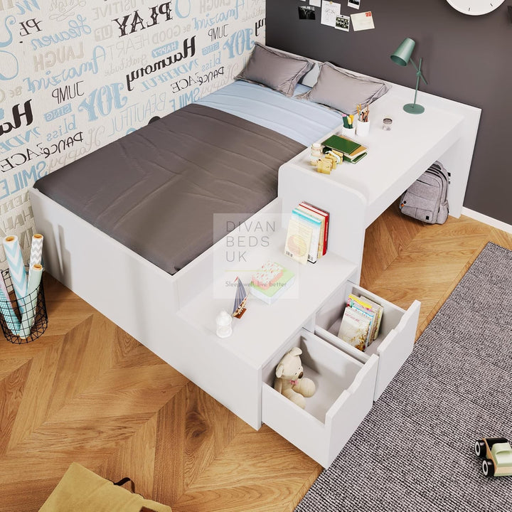 Castillo White Wooden Bed with 2 Drawers and Integrated Desk