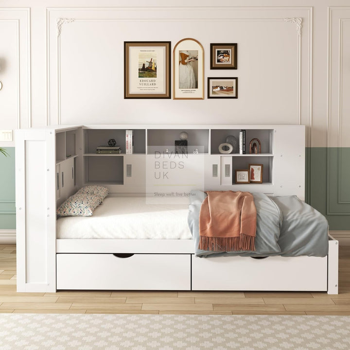 Modica White Wooden Storage Bed with 2 Drawers, Sliding Drawers and Shelves