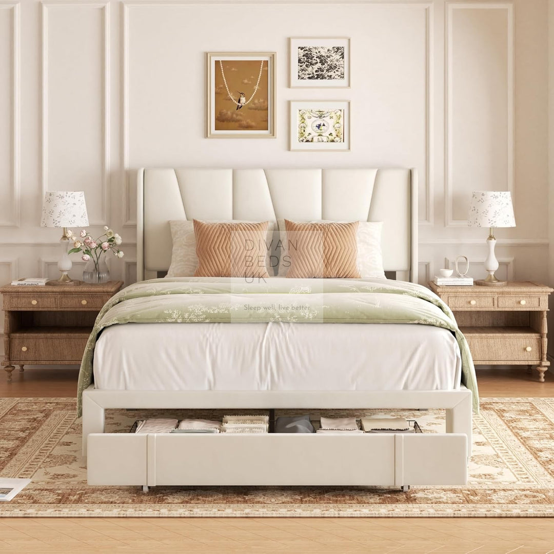 Catanzaro Wingback Beige Linen Bed Frame with Large End Drawer Storage