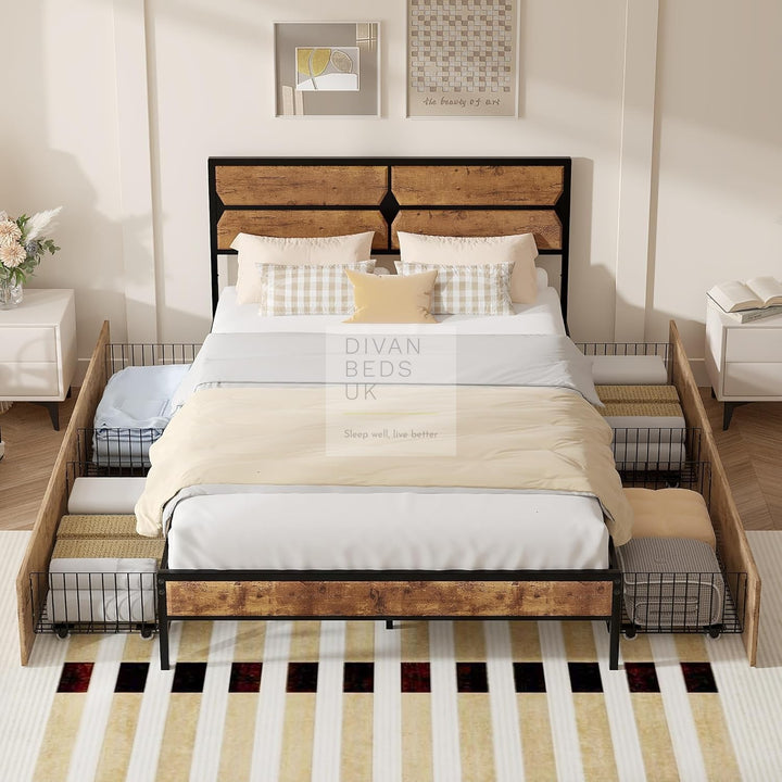 Horatio Metal Bed Rustic Wood with 4 Drawers for Underbed Storage Space