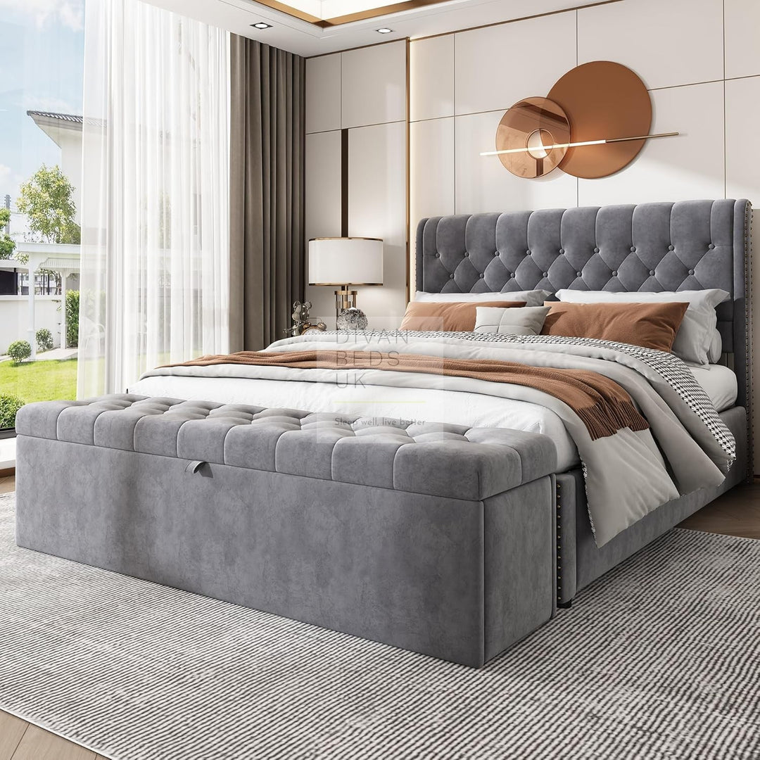 Dangelo Grey Plush Velvet Ottoman Storage Sleigh Bed Frame with Optional Storage Box