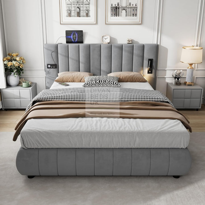 Myra Oversized Headboard Grey Velvet Smart Hotel Bed with LED Lighting, USB, Type C and Speakers