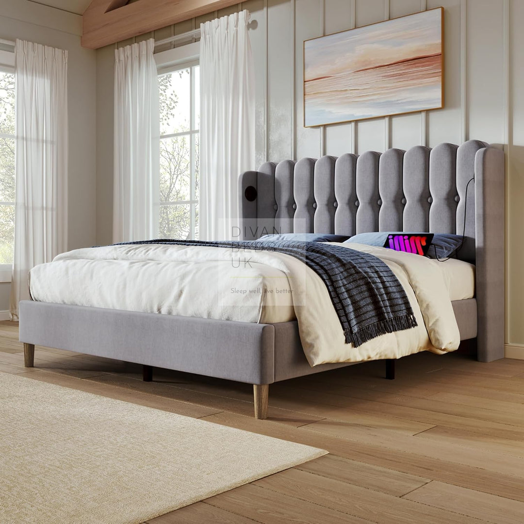 Calabria Wingback Grey Linen Smart Bed with USB & Type-C Charging Stations on Both Sides