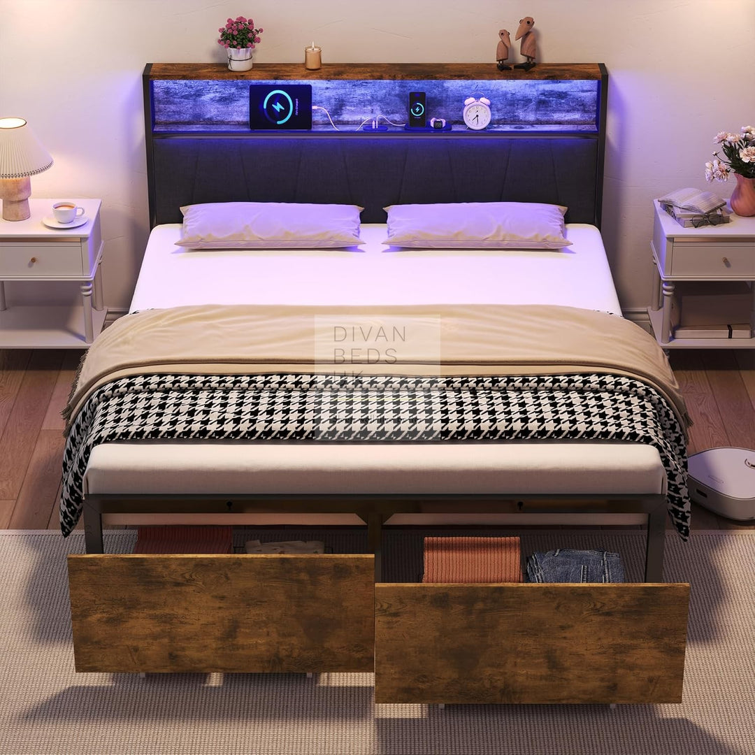 Sienna Grey Linen LED Metal Smart Bed with 2 Drawers USB, Type-C Charging Storage Headboard Shelf