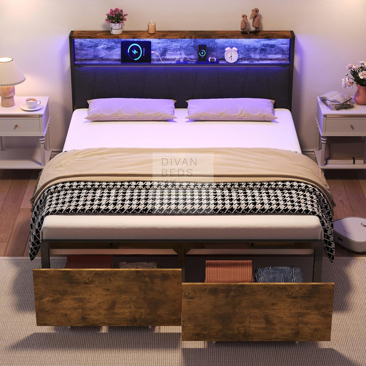 Sienna Grey Linen LED Metal Smart Bed with 2 Drawers USB, Type-C Charging Storage Headboard Shelf