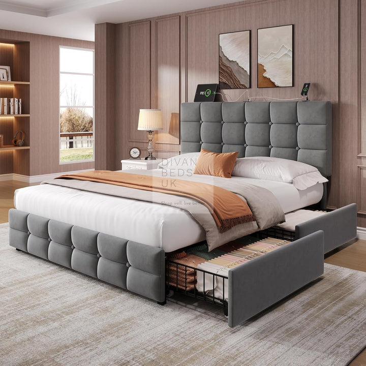 Vicente 4 Drawer Soft Grey Velvet Smart Bed with Type C and USB Charging Adjustable Headboard Shelf
