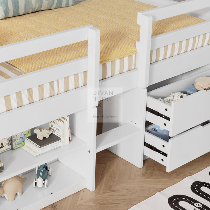 Venezia White Wooden Mid Sleeper Cabin Bunk Kids Bed with 2 Drawers and Ladder