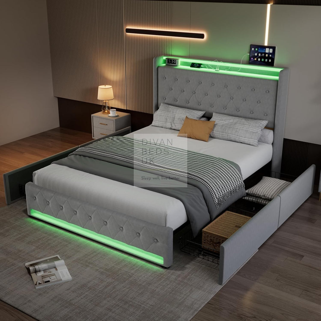 Kairo 4 Drawer Grey Plush Velvet Smart Bed with Storage Wing Headboard with LED Lights & USB Charging Shelf