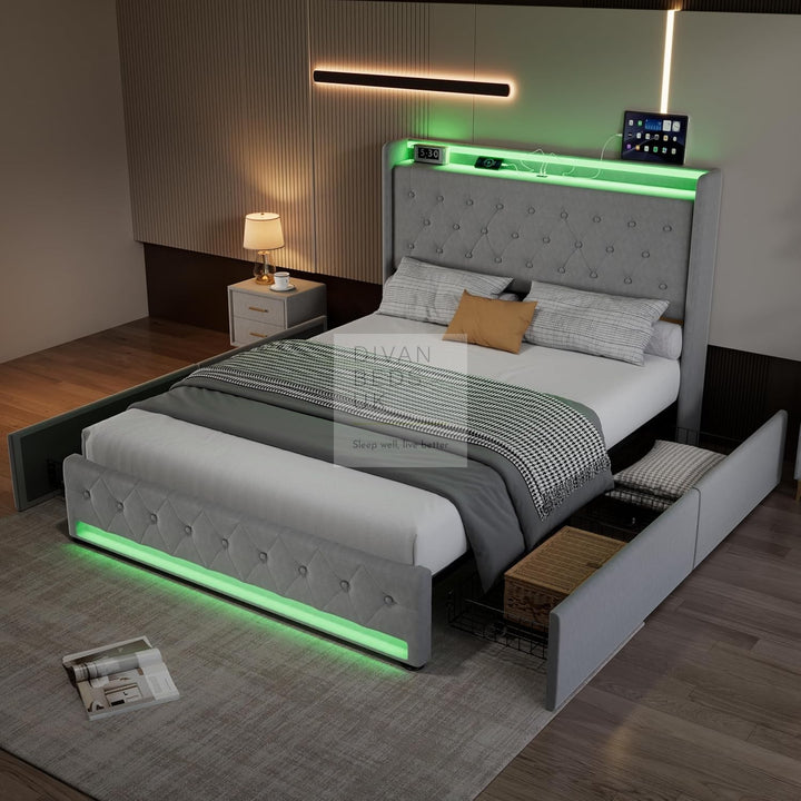 Kairo 4 Drawer Grey Plush Velvet Smart Bed with Storage Wing Headboard with LED Lights & USB Charging Shelf