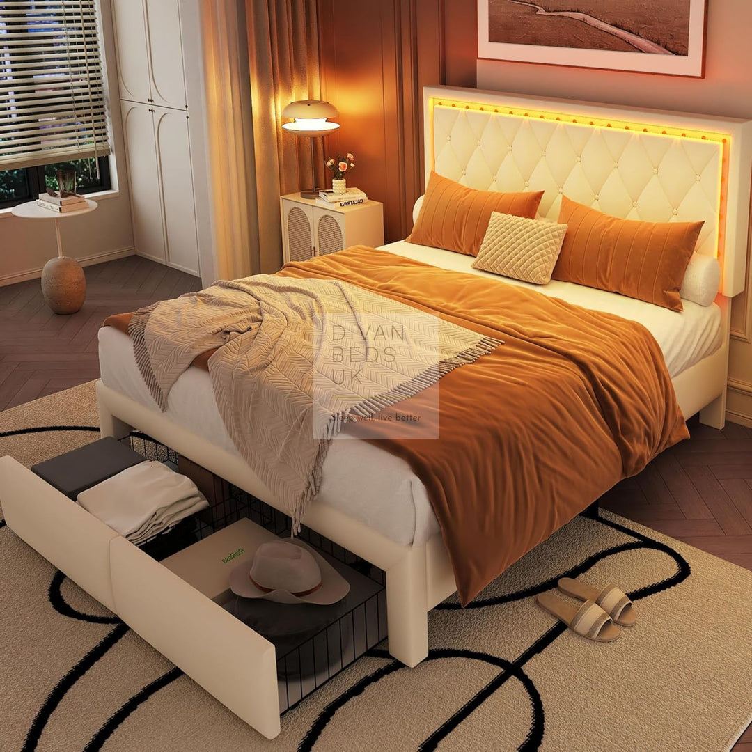Trieste Off-White Beige Leather 2 Drawer Storage Smart Bed with LED Lighting