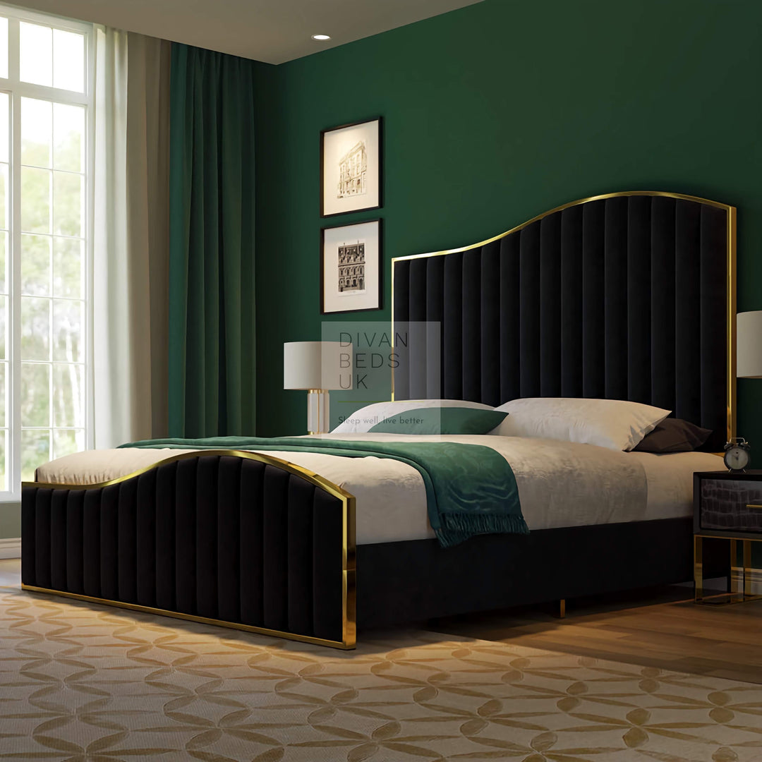 Harp Gold Metal Framed Luxury Black Upholstered Designer Bed Frame