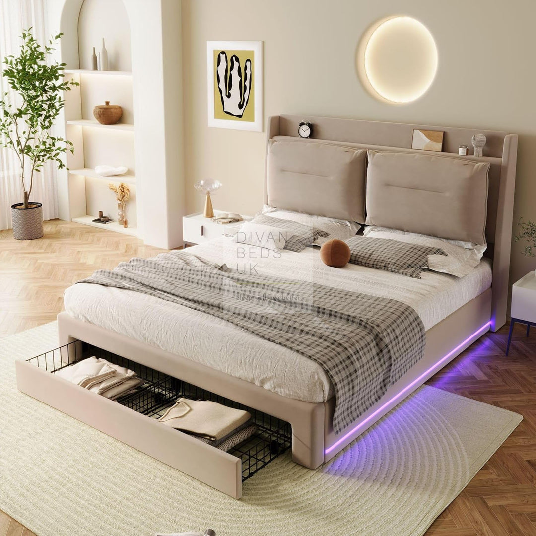 Renzo Padded Winged Headboard Beige Ottoman Smart Bed with LED Side Panels & 1 Large End Drawer