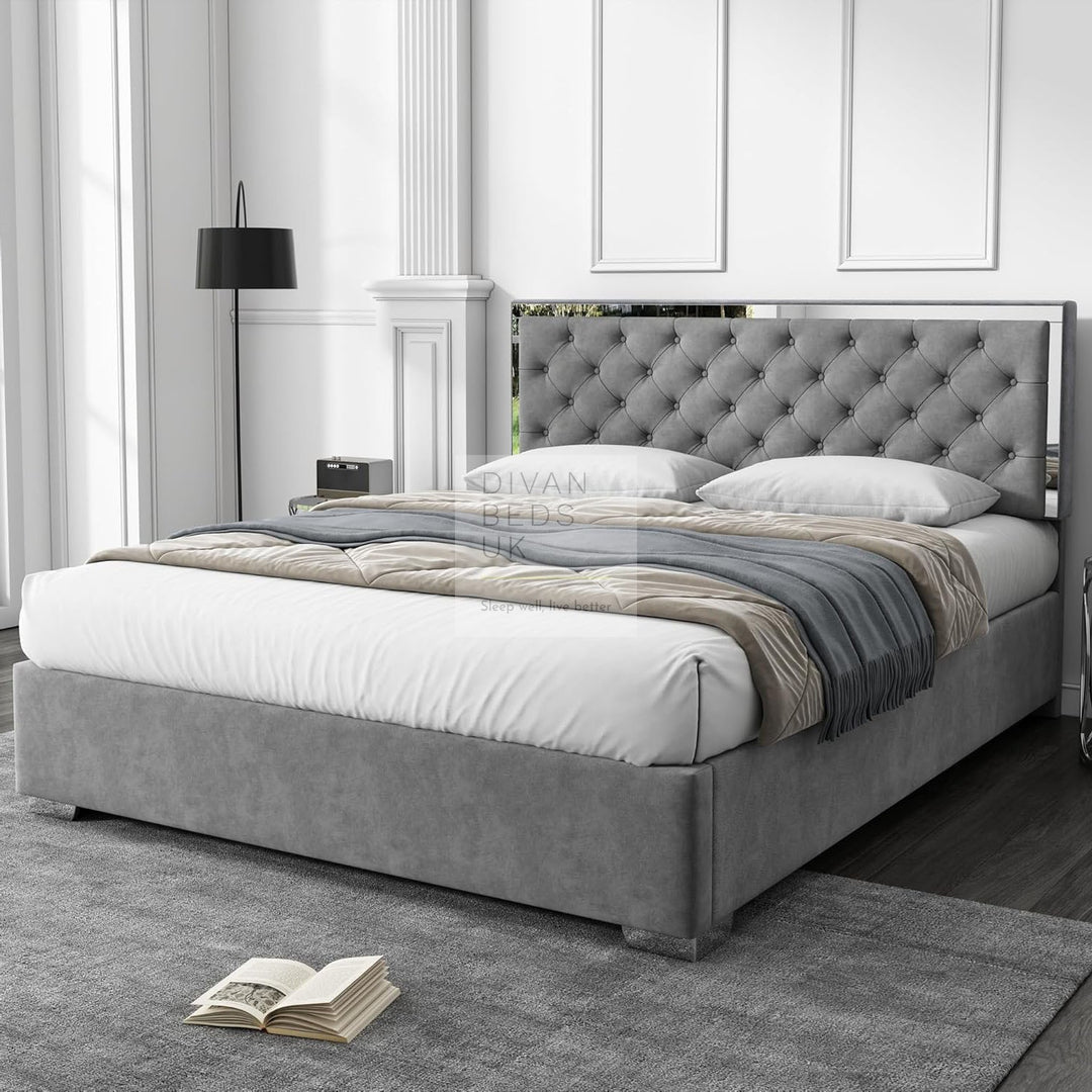 Benitez Grey Plush Velvet Steel Reflection Bed Ottoman Storage Bed