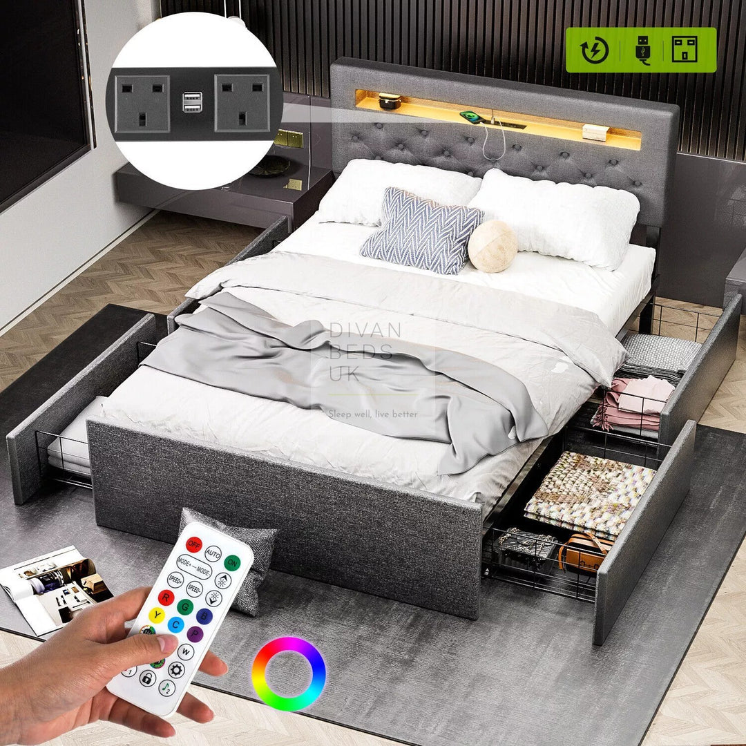 Hendricks 4 Drawer Charcoal Linen Smart Bed with Storage Headboard with LED Lights & USB Charging Shelf