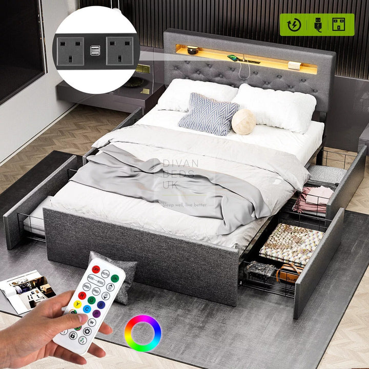 Hendricks 4 Drawer Charcoal Linen Smart Bed with Storage Headboard with LED Lights & USB Charging Shelf