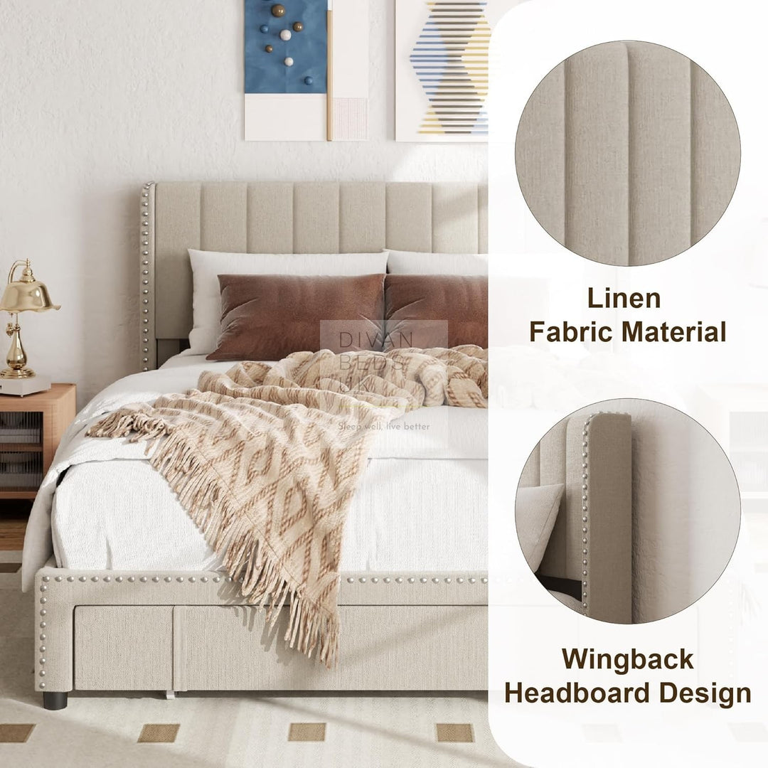 Catania Wingback Panel Headboard Beige Linen Bed with & 1 Large End Drawer Storage