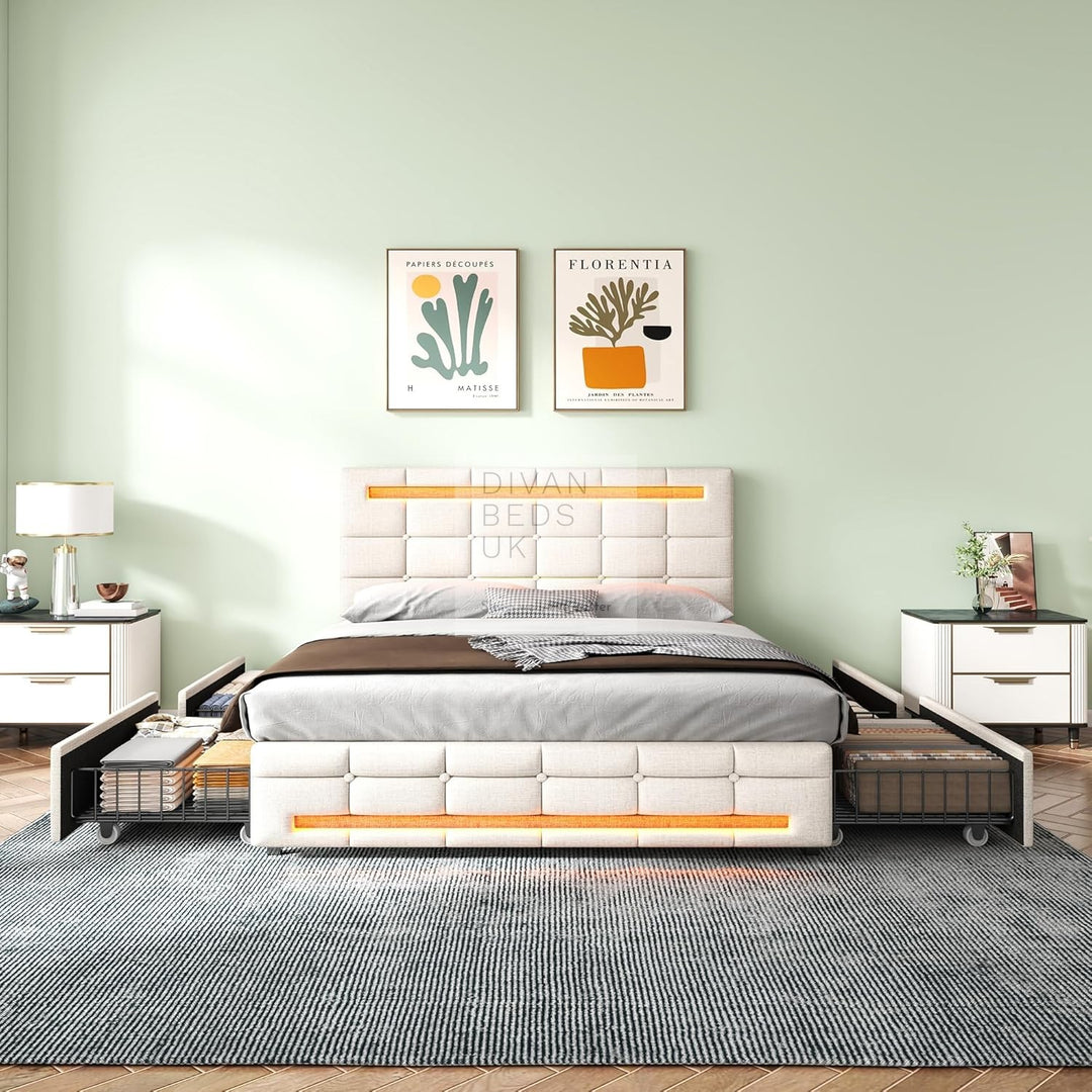 Rogelio 4 Drawer Storage Beige Charcoal Linen Smart Bed with LED Lights
