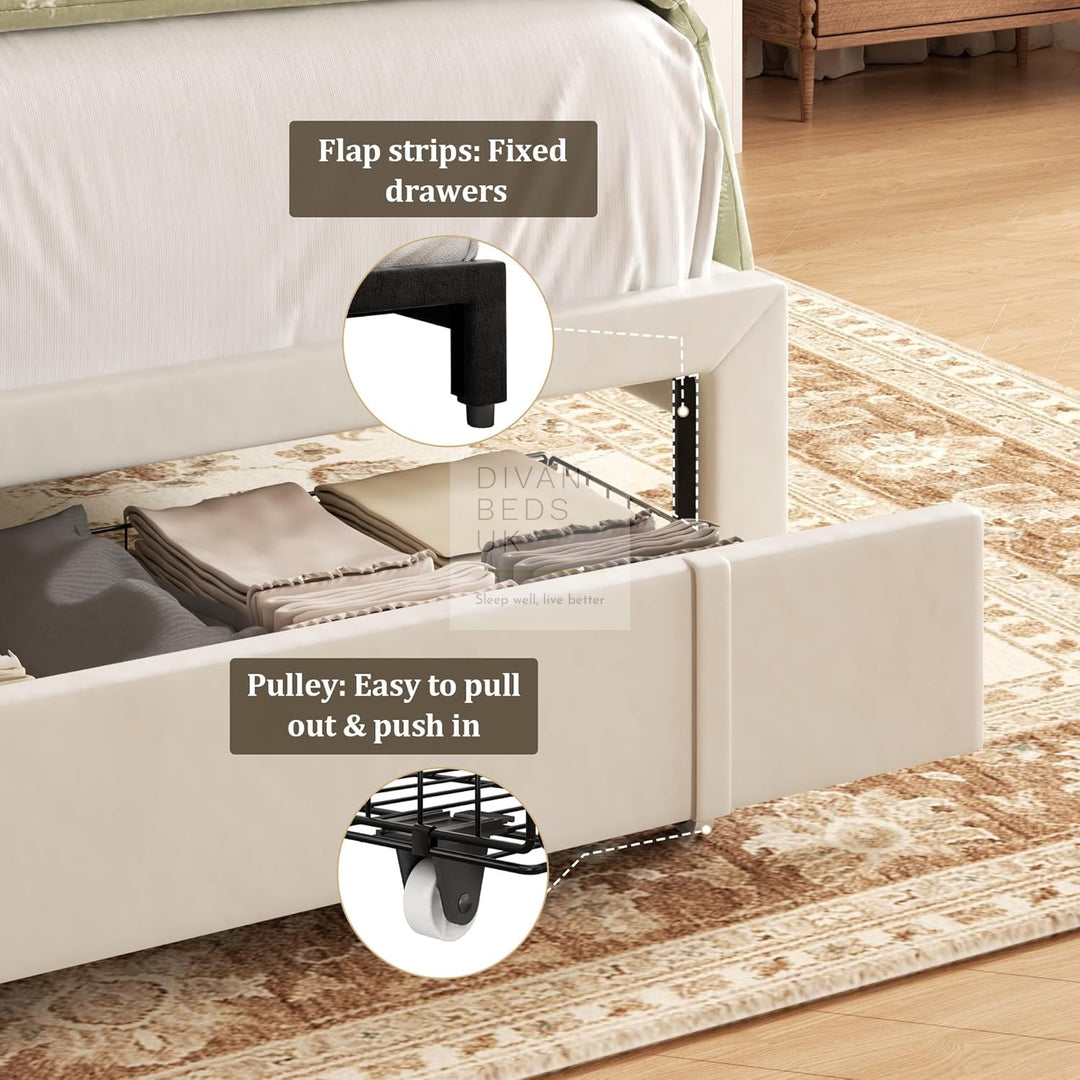 Catanzaro Wingback Beige Linen Bed Frame with Large End Drawer Storage