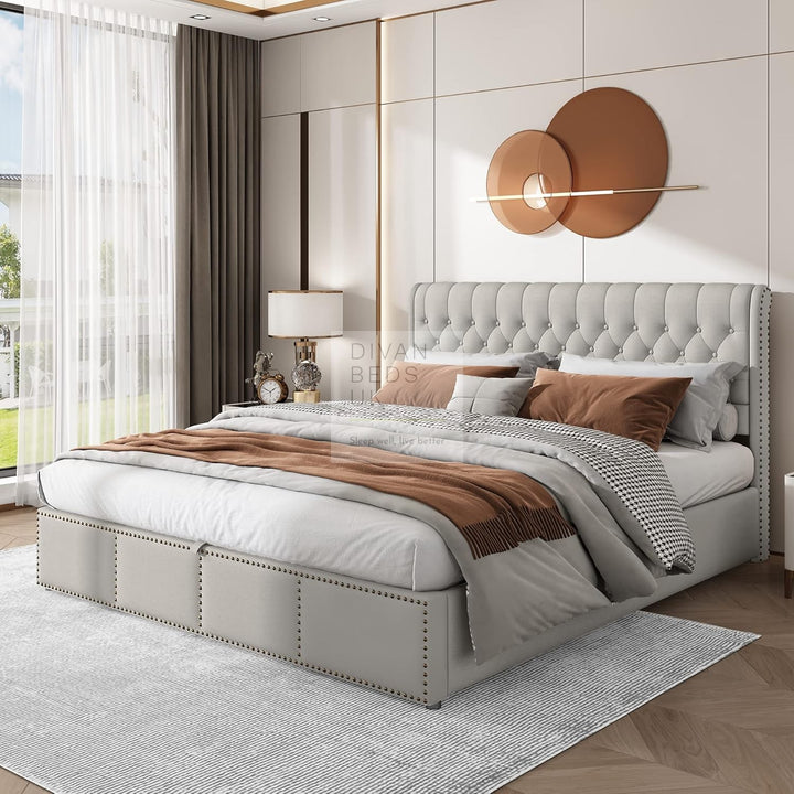 Dangelo Grey Linen Ottoman Storage Sleigh Bed Frame with Optional Storage Box