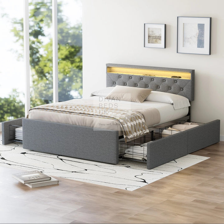 Livorno Grey Linen 4 Drawer Storage Smart Bed with LED Lighting, Power Outlets, USB, Bluetooth Speakers and Headboard Shelf