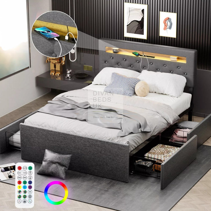 Hendricks 4 Drawer Charcoal Linen Smart Bed with Storage Headboard with LED Lights & USB Charging Shelf