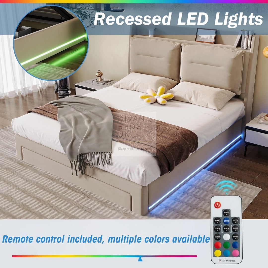 Renzo Padded Winged Headboard Beige Ottoman Smart Bed with LED Side Panels & 1 Large End Drawer