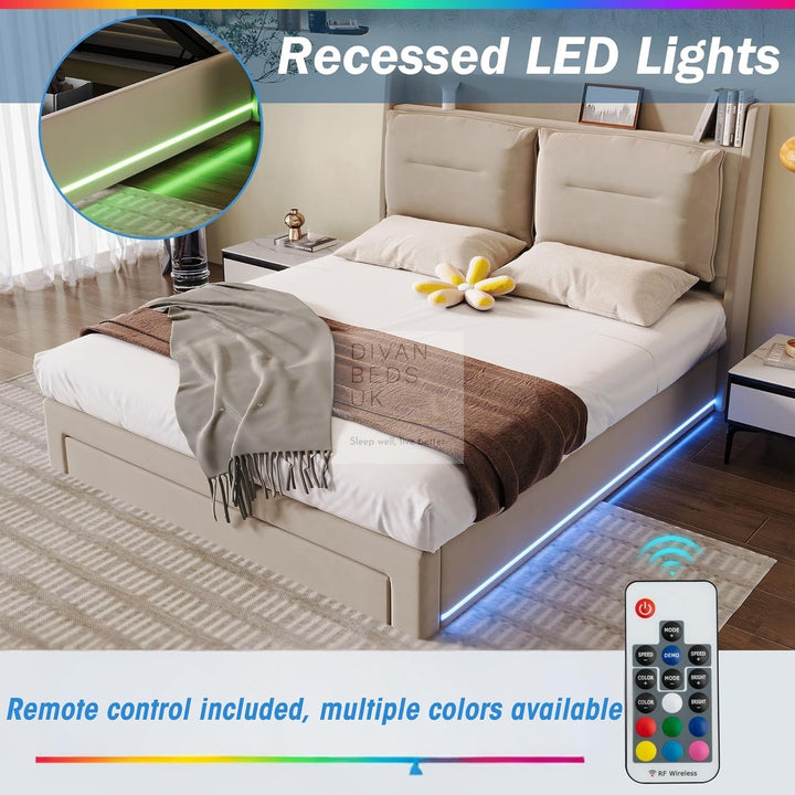 Renzo Padded Winged Headboard Beige Ottoman Smart Bed with LED Side Panels & 1 Large End Drawer
