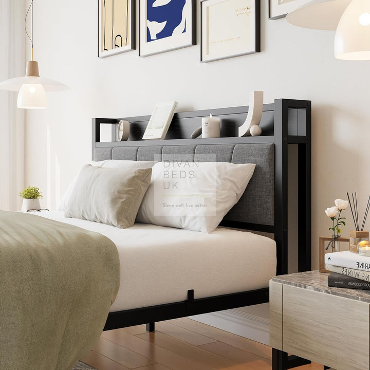 Arellano Grey Linen Black Metal Bed with Storage Headboard Shelf