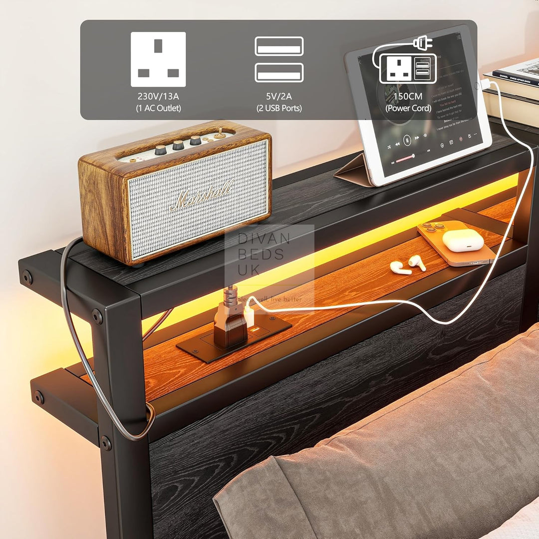 Arezzo Metal Smart Bed with Charging Station Headboard, Storage Shelves, LED, USB and Power Outlets with 4 Optional Drawers