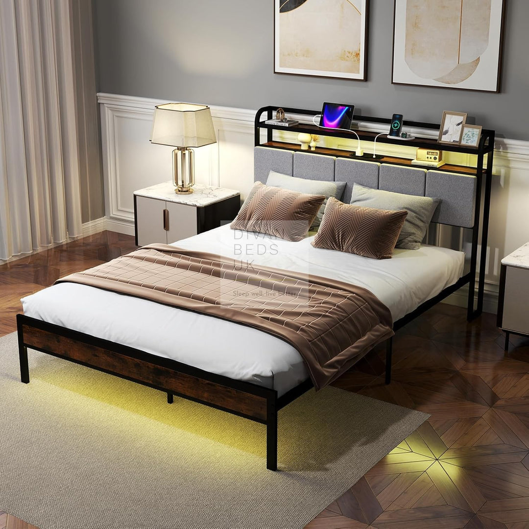 Henry Off-White Grey Linen Metal Smart Bed with 4 Optional Drawers with Headboard Shelves, LED, USB, Type-C Ports and Power Outlets