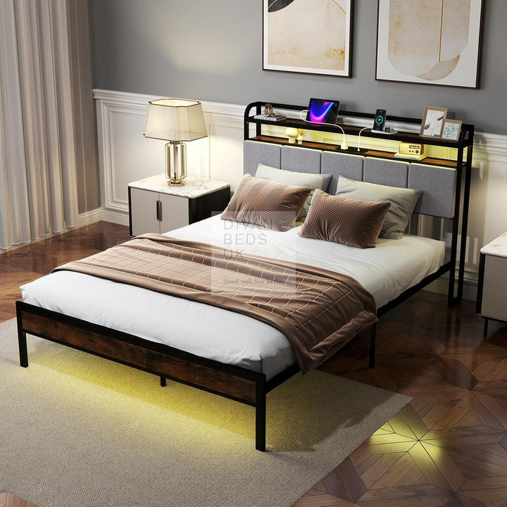 Henry Off-White Grey Linen Metal Smart Bed with 4 Optional Drawers with Headboard Shelves, LED, USB, Type-C Ports and Power Outlets