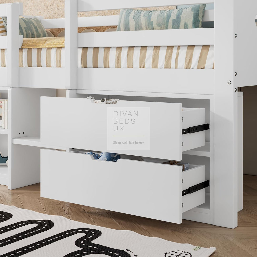 Venezia White Wooden Mid Sleeper Cabin Bunk Kids Bed with 2 Drawers and Ladder