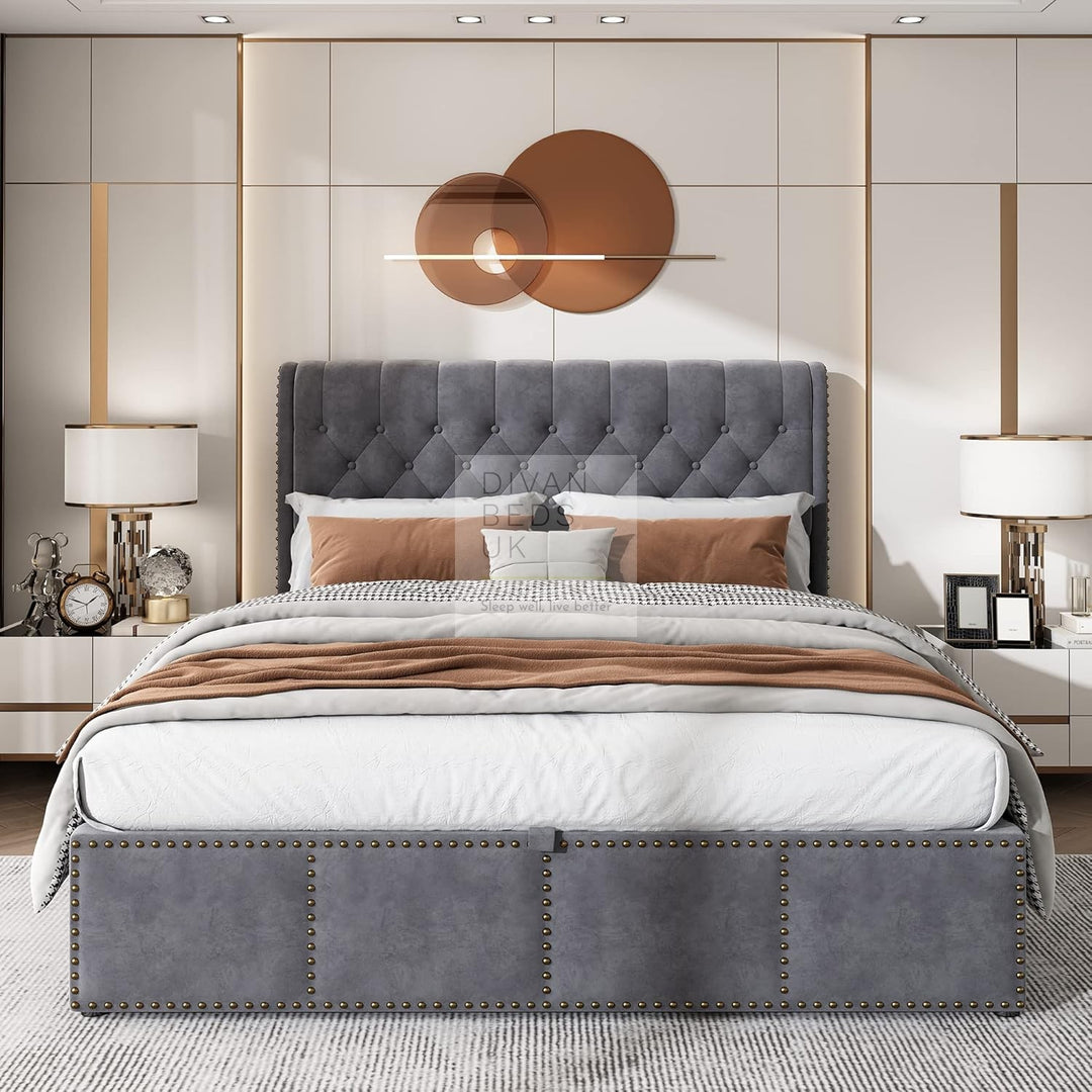 Dangelo Grey Plush Velvet Ottoman Storage Sleigh Bed Frame with Optional Storage Box