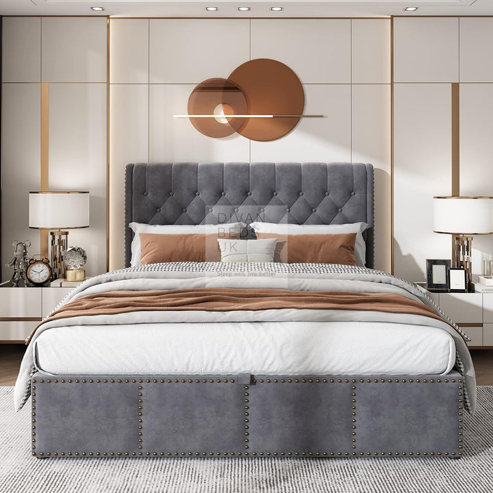 Dangelo Grey Plush Velvet Ottoman Storage Sleigh Bed Frame with Optional Storage Box