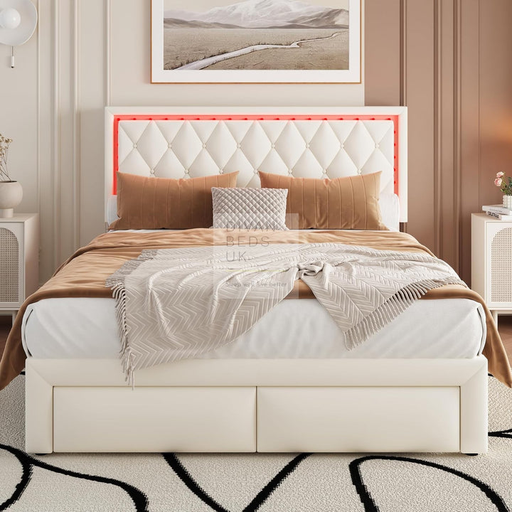 Trieste Off-White Beige Leather 2 Drawer Storage Smart Bed with LED Lighting