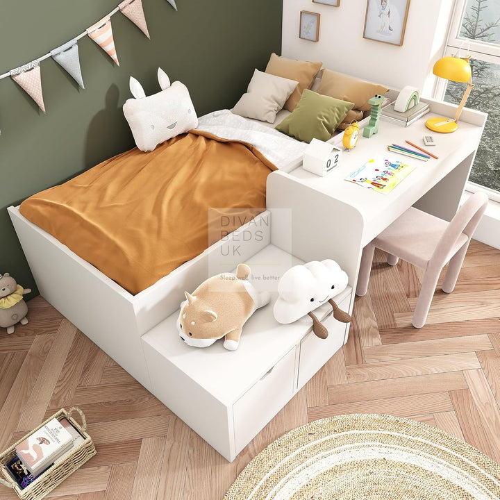 Castillo White Wooden Bed with 2 Drawers and Integrated Desk