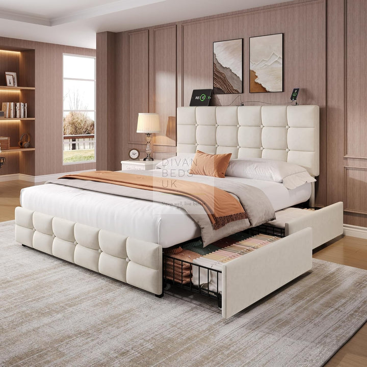Vicente 4 Drawer Soft Beige Velvet Smart Bed with Type C and USB Charging Adjustable Headboard Shelf
