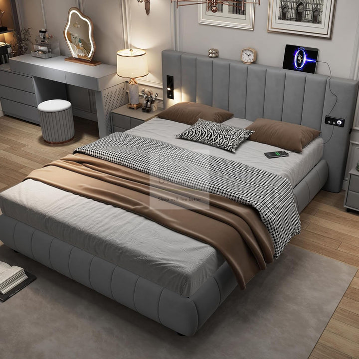 Myra Oversized Headboard Grey Velvet Smart Hotel Bed with LED Lighting, USB, Type C and Speakers