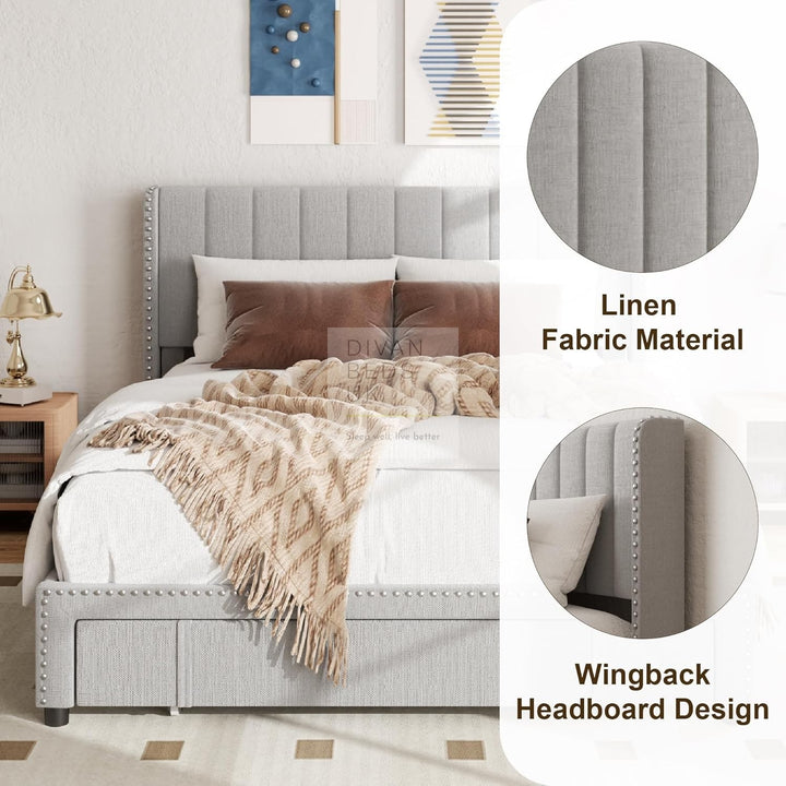 Catania Wingback Panel Headboard Grey Linen Bed with & 1 Large End Drawer Storage